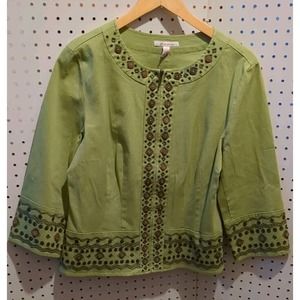 JM Collection Blazer Jacket Womens 12 Zipper Aztec Embroidered Olive Green